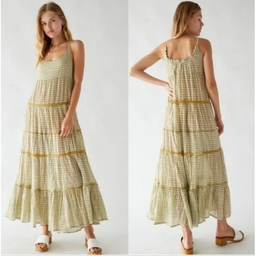 Free People Midnight Dance Maxi Dress Sz S Yellow Cotton Lurex Summer Beach